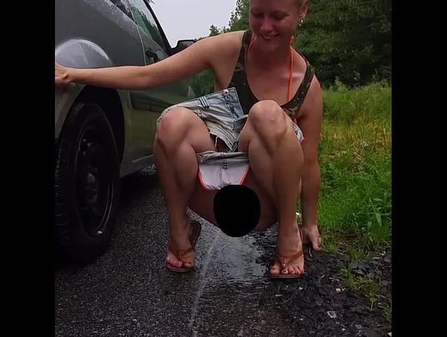 Ich pisse wild im Auto, zwei Autos fahren vorbei